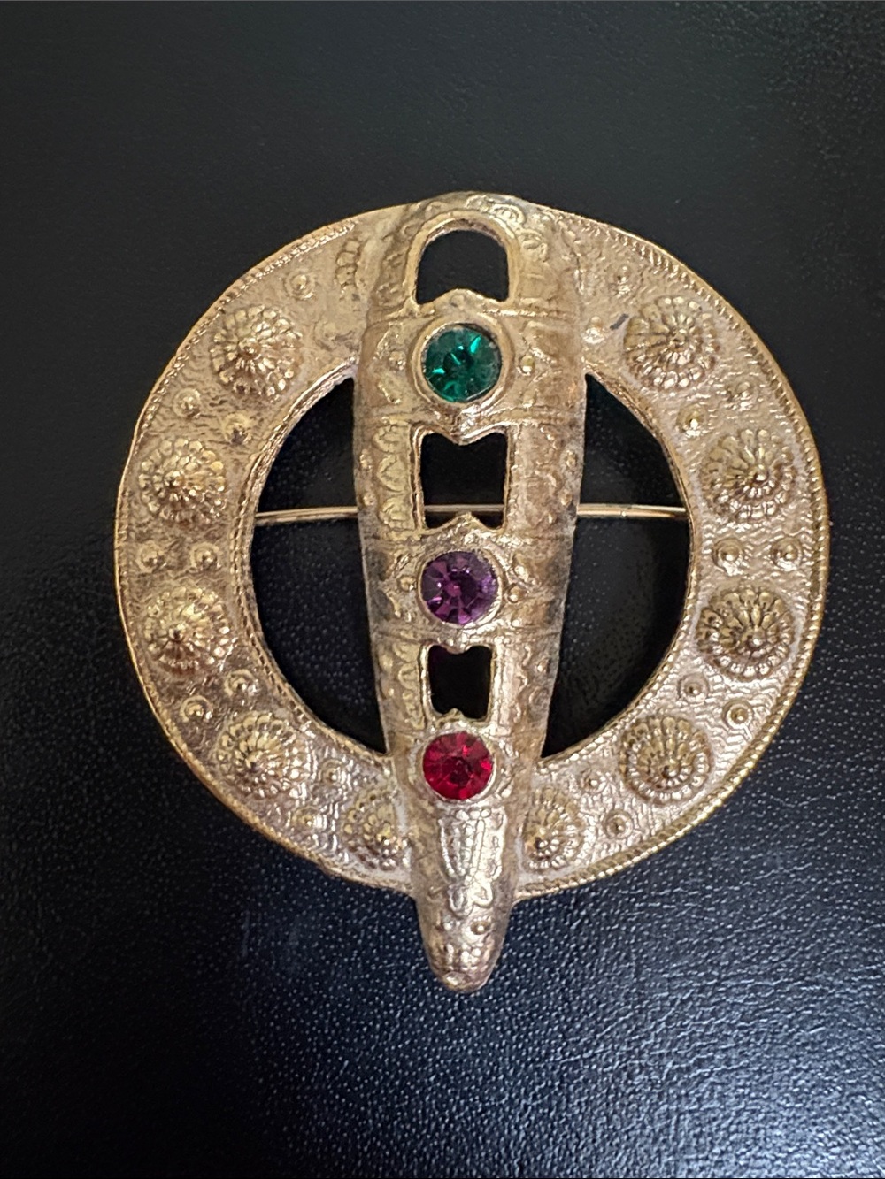 Vintage Celtic Brooch
Penannular Knot Pin Irish Not Signed 3 D Gemstones Rosetts